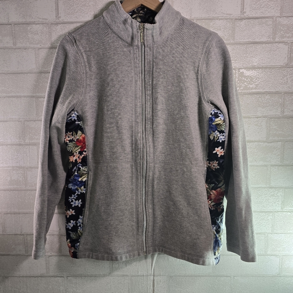 Tommy Bahama Jacket Women's Large Full Zip Floral Trim Gray Mock Neck